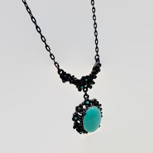 Art Deco Necklace, Robins Egg Blue, Pot Metal, Mixed Metal, Flowers, Box Clasp - Picture 3 of 8